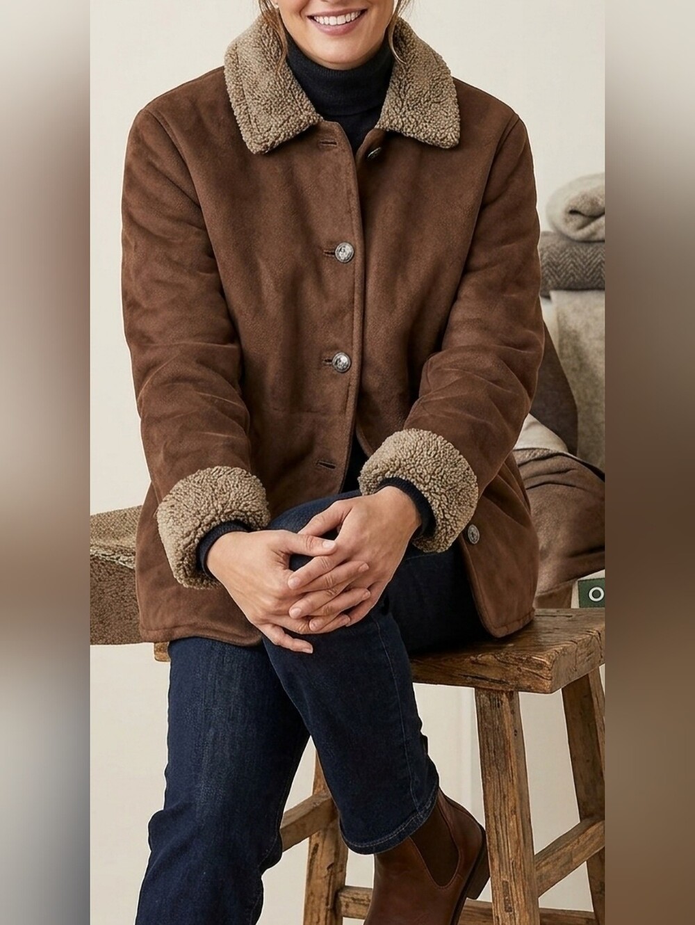 Orvis Brown Shearling-Trim Faux Suede Jacket Sherpa Lining Chocolate Brown Large